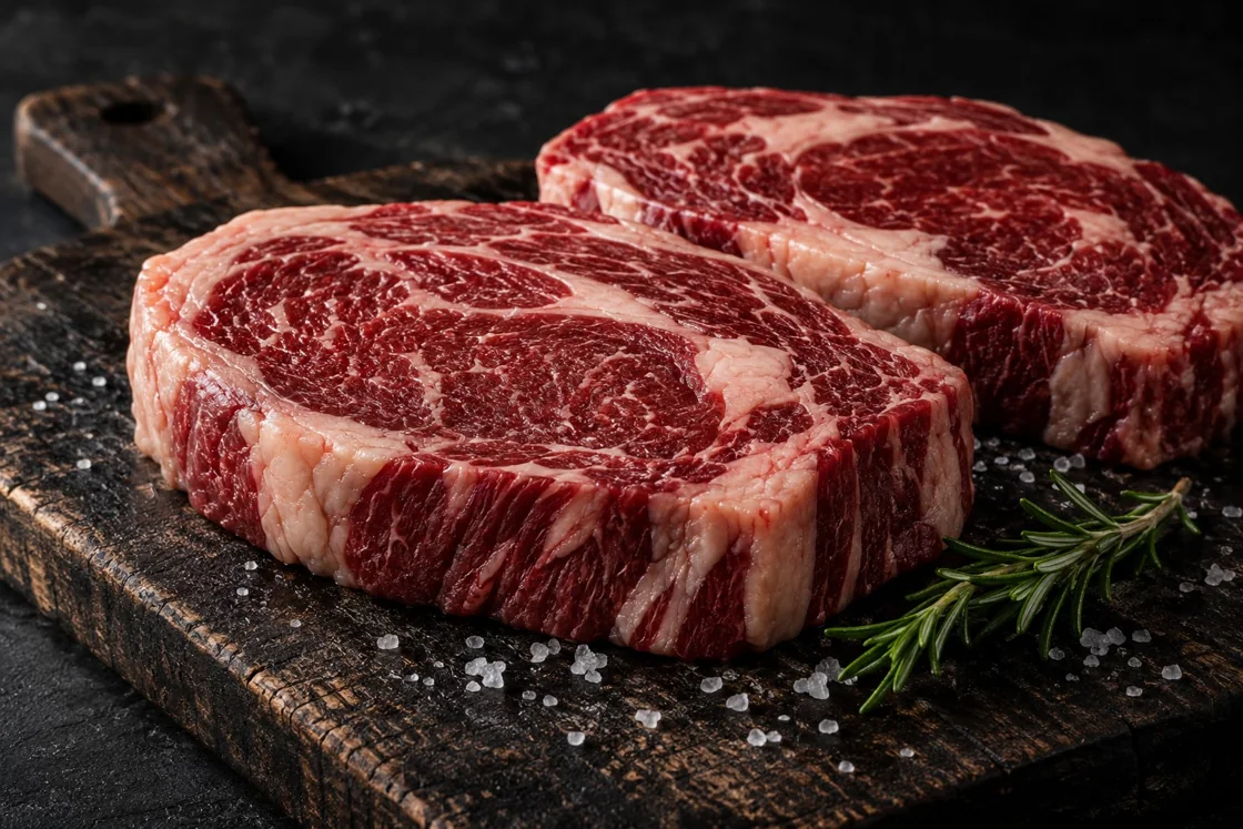 Illustrative uncooked beef steaks on a cutting board